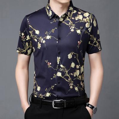 Short-sleeved Men's Shirt Summer Wear Middle-aged Ice Silk Printed Thin Loose Half-sleeved Shirt Men's Printed Cardigan Top