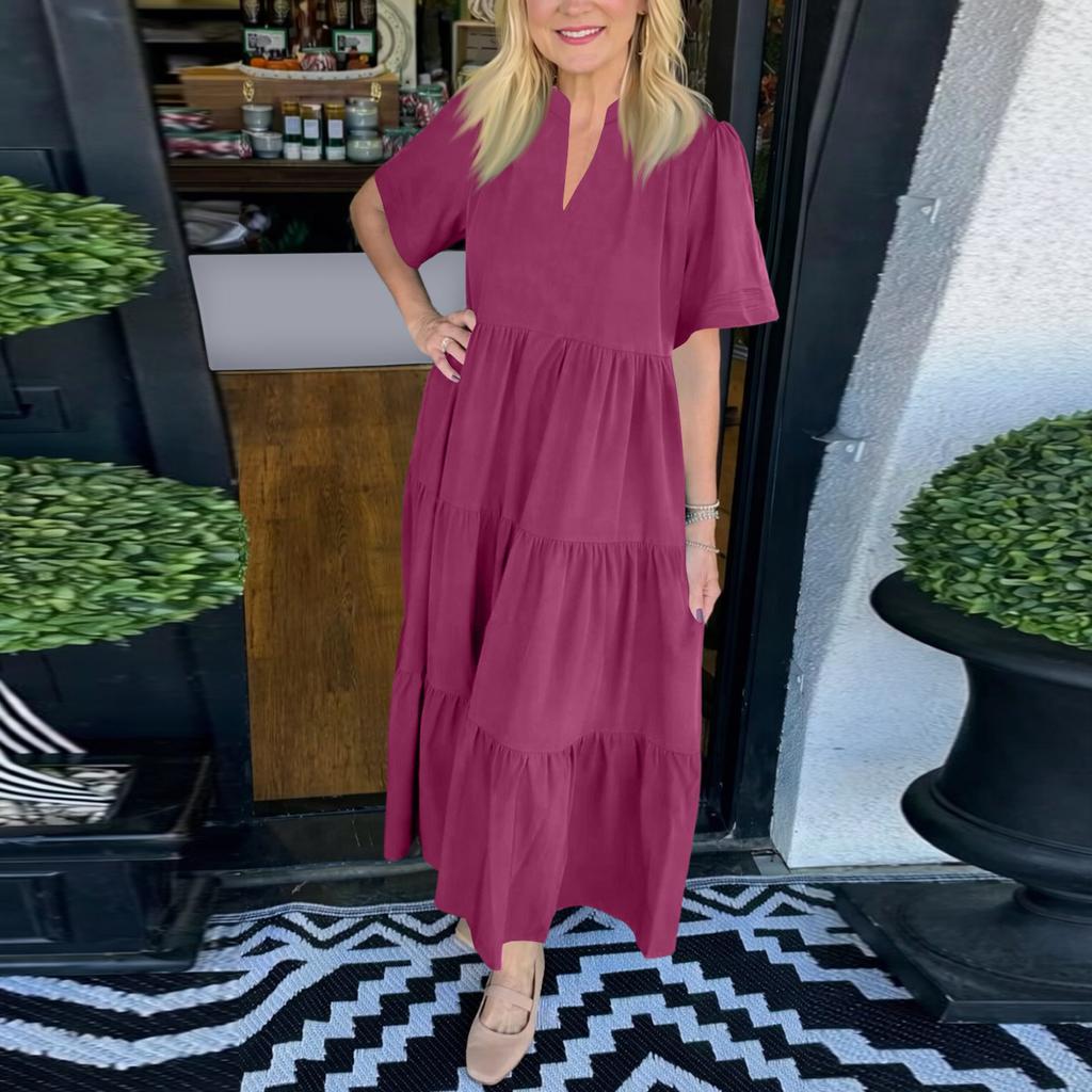 Women's Fashion Color V-neck Short Sleeve Dress