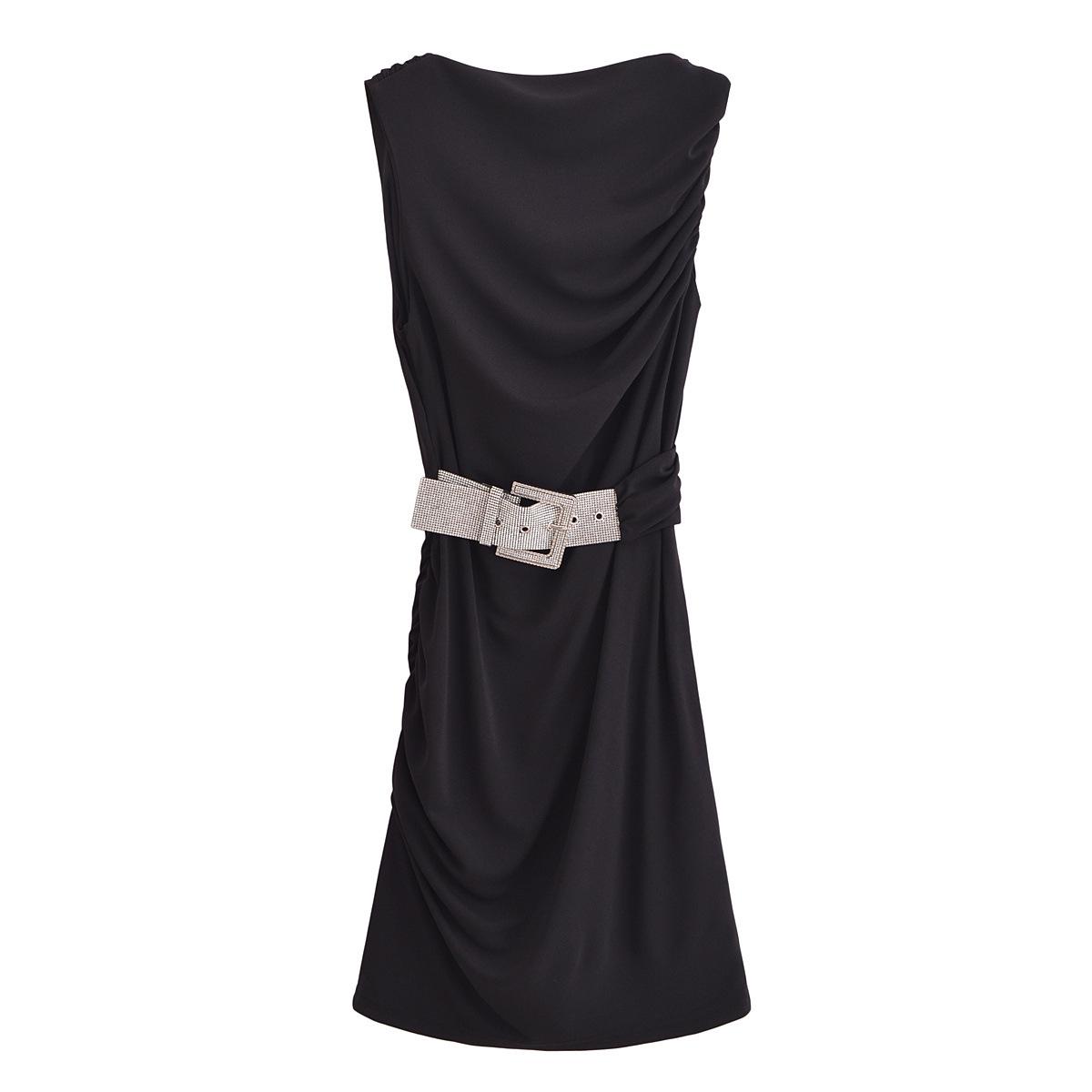 

Women s Solid Sleeveless Ruffle Dress with Belt - Spring Collection S чёрный
