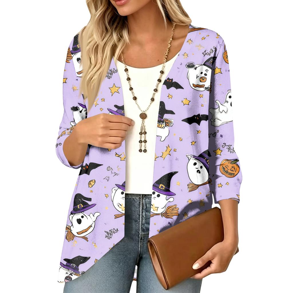 Cardigan décontracté léger ample à manches 3/4 imprimé pour femme pour Halloween