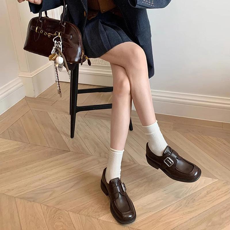 The Same Style, Square Head Buckle with Thick Heel, Lazy Leather Single Shoes, British One-pedal Thick-soled Heightening Loafers.