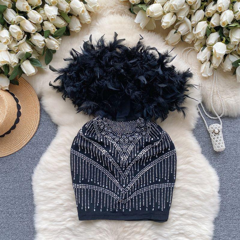 

Accessible Luxury Socialite Gold Feather Diamond Niche Dress Black 2XL