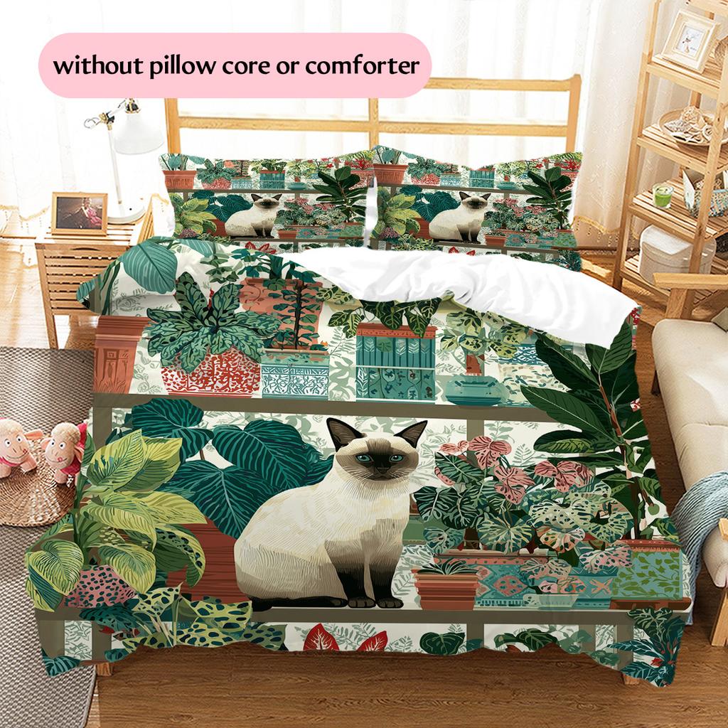 Plant Cat  Pattern Bedding Quilt Set  Home Decoration  Gift (1 * duvet cover + 2 * pillowcase, without core)