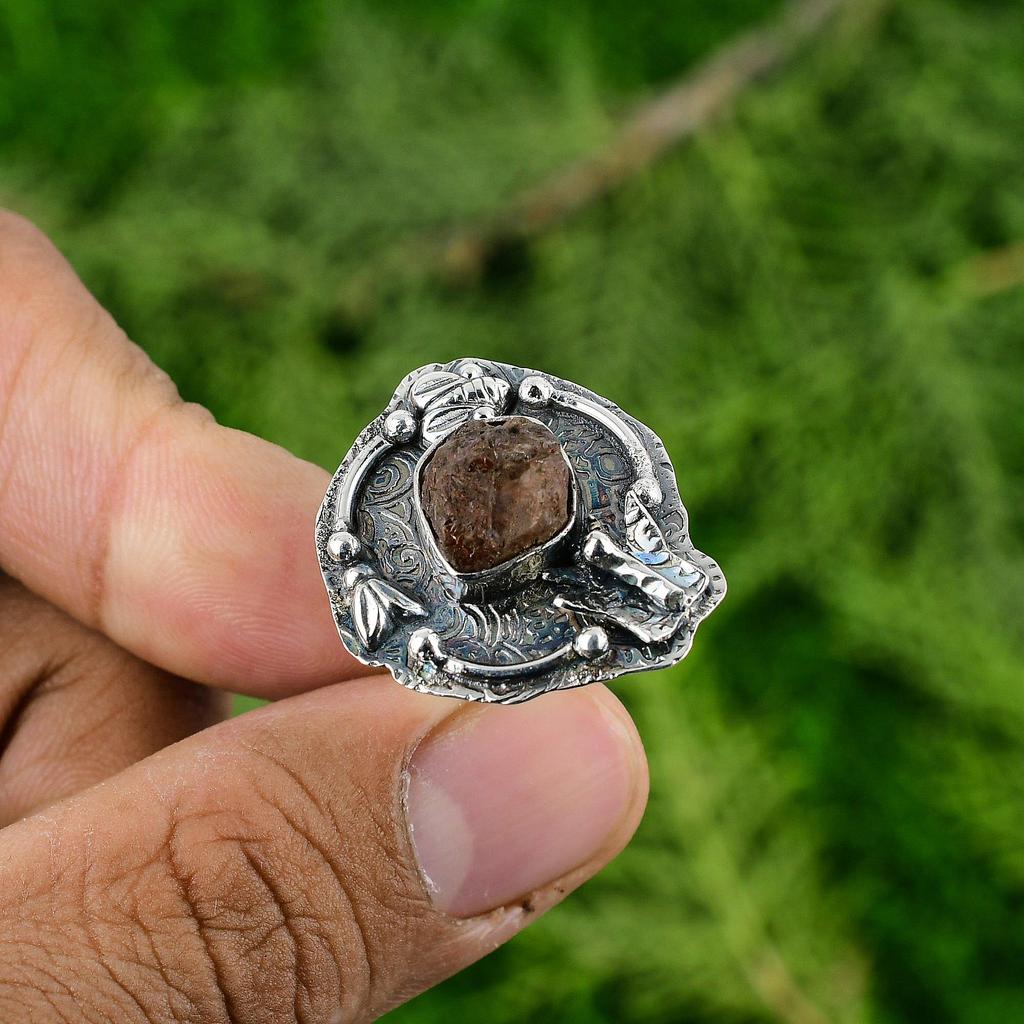 Gift For Her 925 Silver Natural Hessonite Rough Statement Adjustable Ring