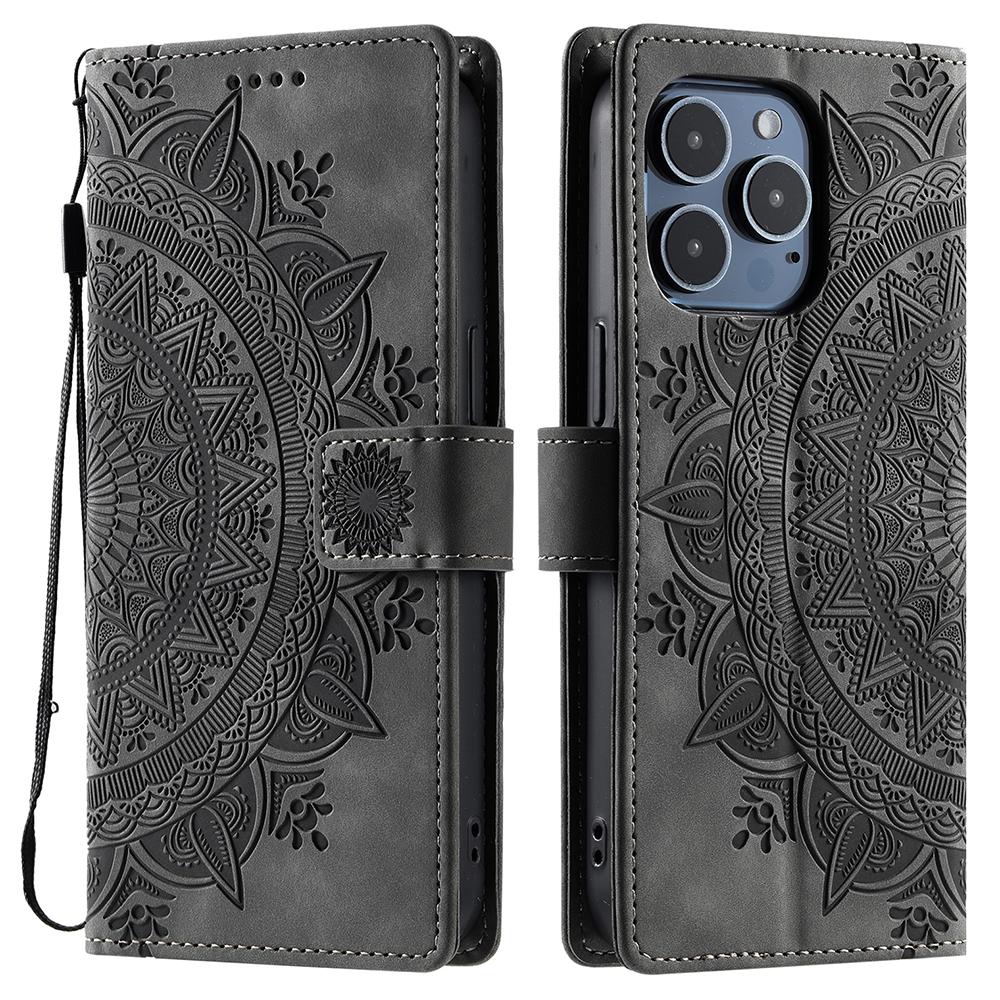 

Style 018 For iPhone 16 Pro Max Case Imprinted Totem Skin Feel Wallet Leather Phone Cover Grey