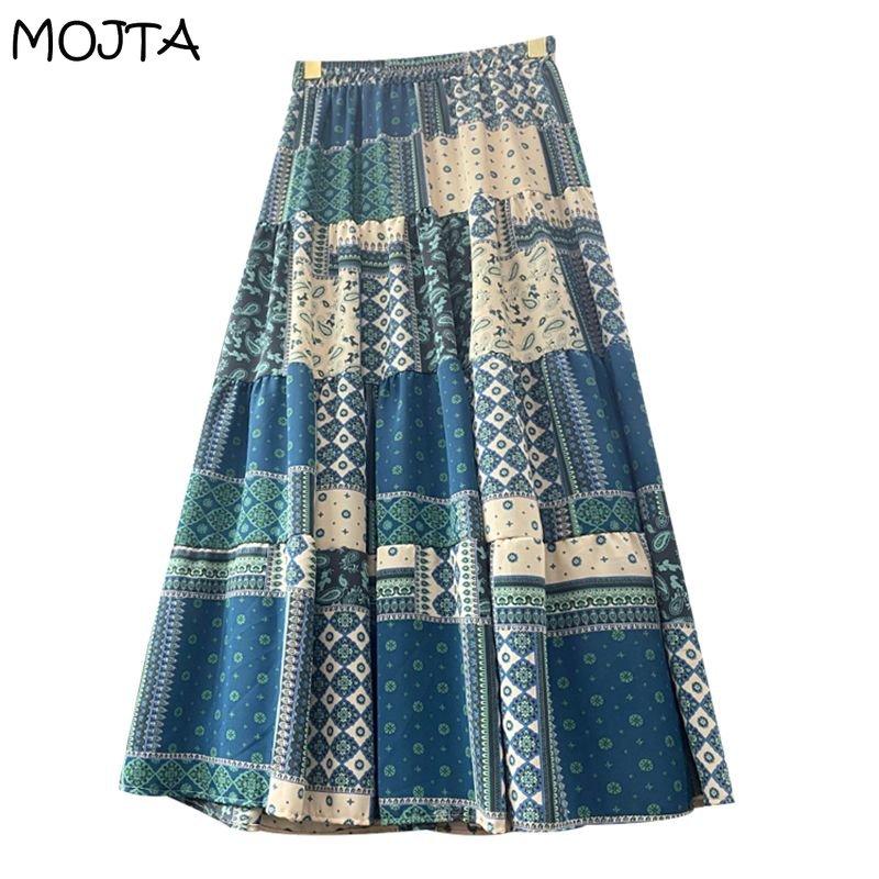 MOJTA Mid-length Skirt Spring Summer Contrast Floral Women's Elastic High Waist Skirt A-line Long Skirt
