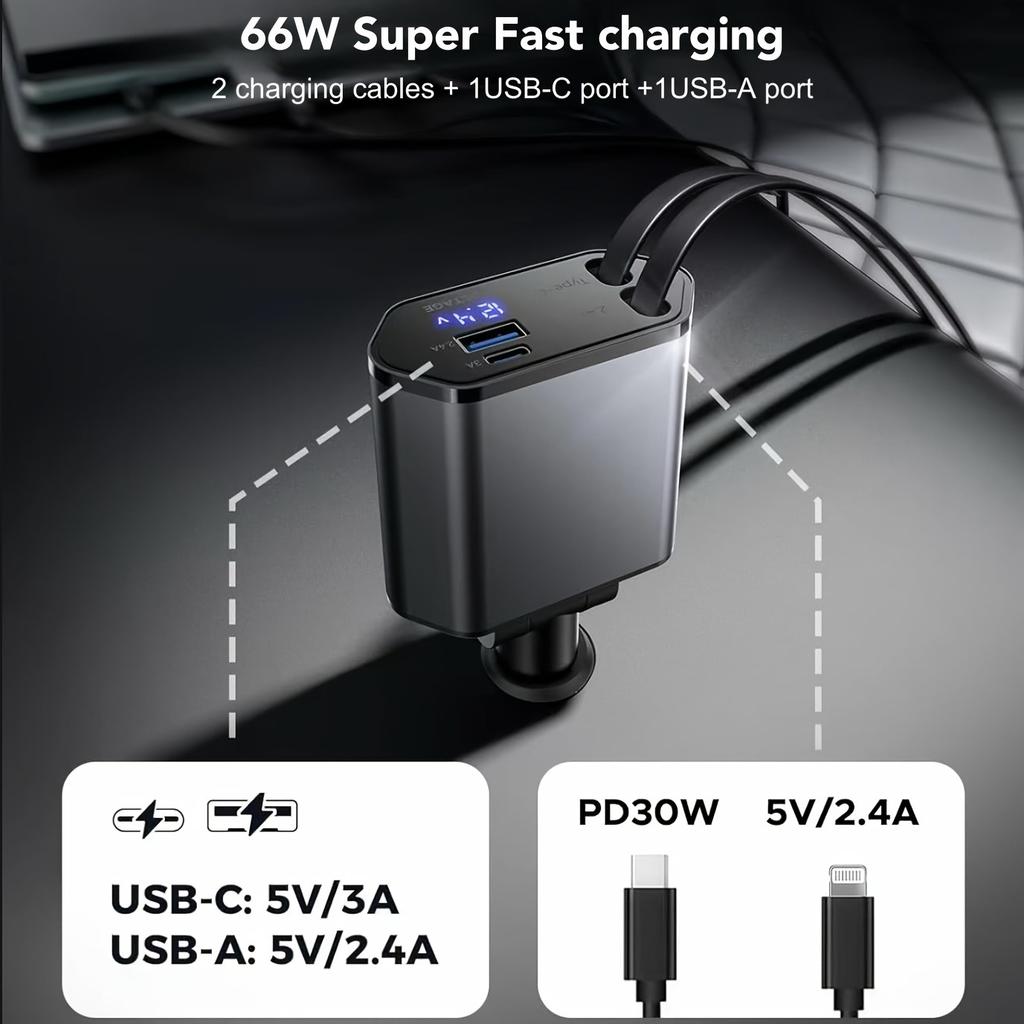 4-in-1 Einziehbarer 66W Autoladegerät mit Dual-Kabeln, USB-C- und USB-A-Anschlüssen, LED-Spannungsmonitor