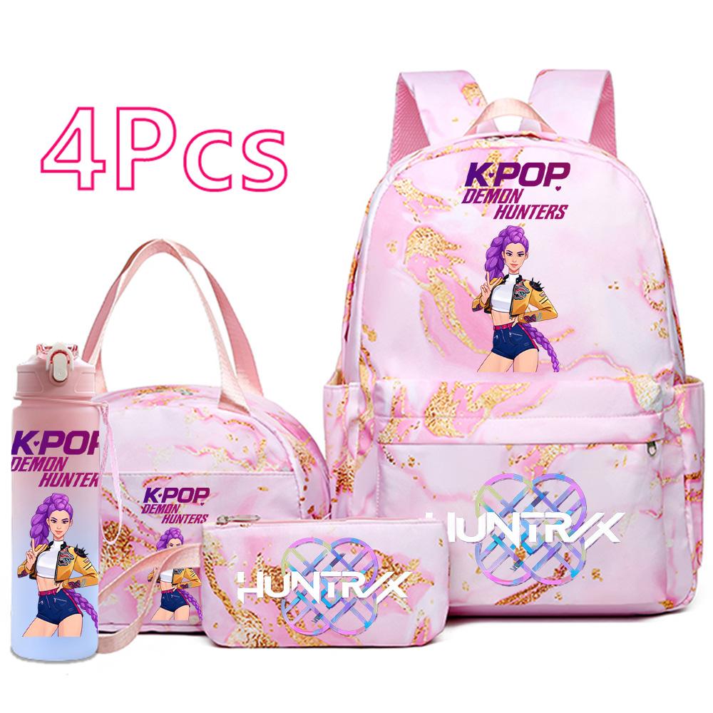 4Pcs/set Cartoon K-Pop Printed Backpack Handbag Pencil Case with 750Ml Water Bottler for Teenager Boy Girl Schoolbag Large Capacity Bookbag Mochila