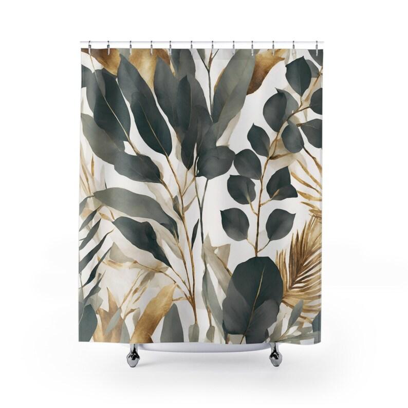 Boho Eukalyptus Duschvorhang - Weiß, Grau & Mattes Gold Palmenblatt-Design, Tropische Pflanze Badezimmervorhang