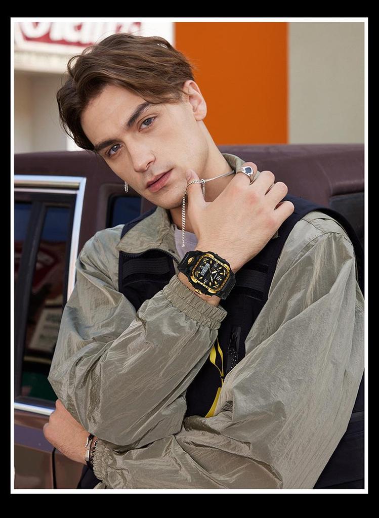 Sanda Three-Hand Square Dial Waterproof Student Sport Watch with Dual Display and Three-Zone Time.