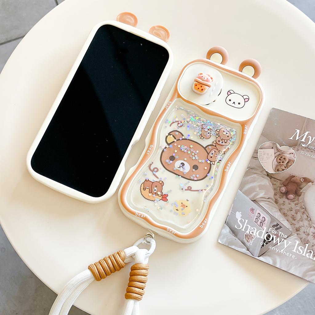 For iPhone 11 12 13 14 15 16 17 Pro Max Quicksand Ears Rilakkuma Sliding Window Protect Camera Case