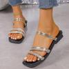 Fashion Women Summer Rhinestone Flat Sandals 2024 New Fashion Gold Square Toe Casual Slippers Woman Outdoor Non Slip Beach Slides Shoes