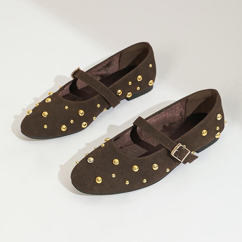 Round Toe Rivet Mary Janes Shoes Women Spring Autumn Buckle Strap Ballet Flats Shoes Female Elegant Daily Loafers Footwear