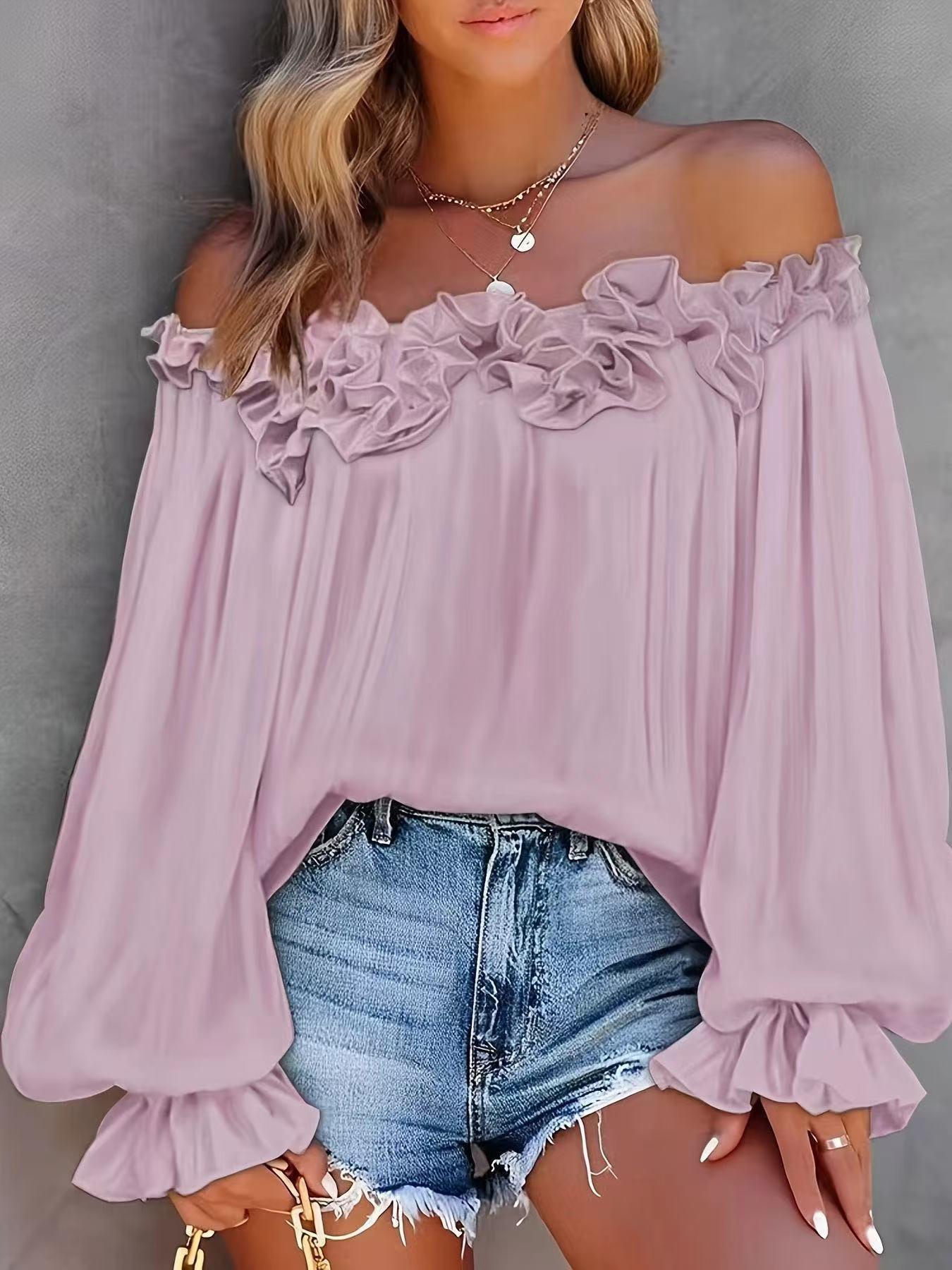 

2026 Elegant Ruffled One-Shoulder Long-Sleeve Shirt for Women - Early Spring Collection XL рожевий
