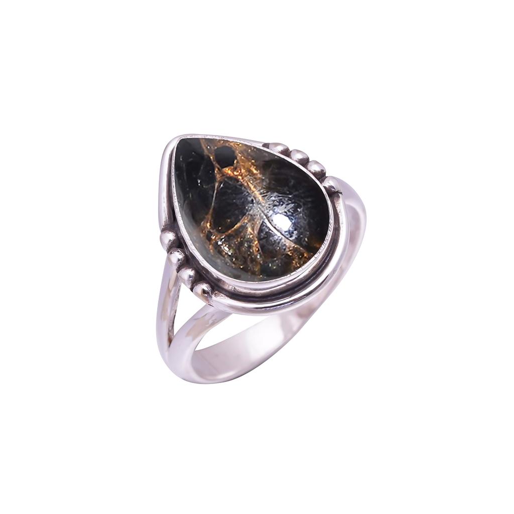 Copper Black Obsidian Gemstone 925 Sterling Silver Ring V9511, Black Ring, Pear Ring, Valentin's Day Gift, Gift For Her, Birthday Gift, Handmade Jewel