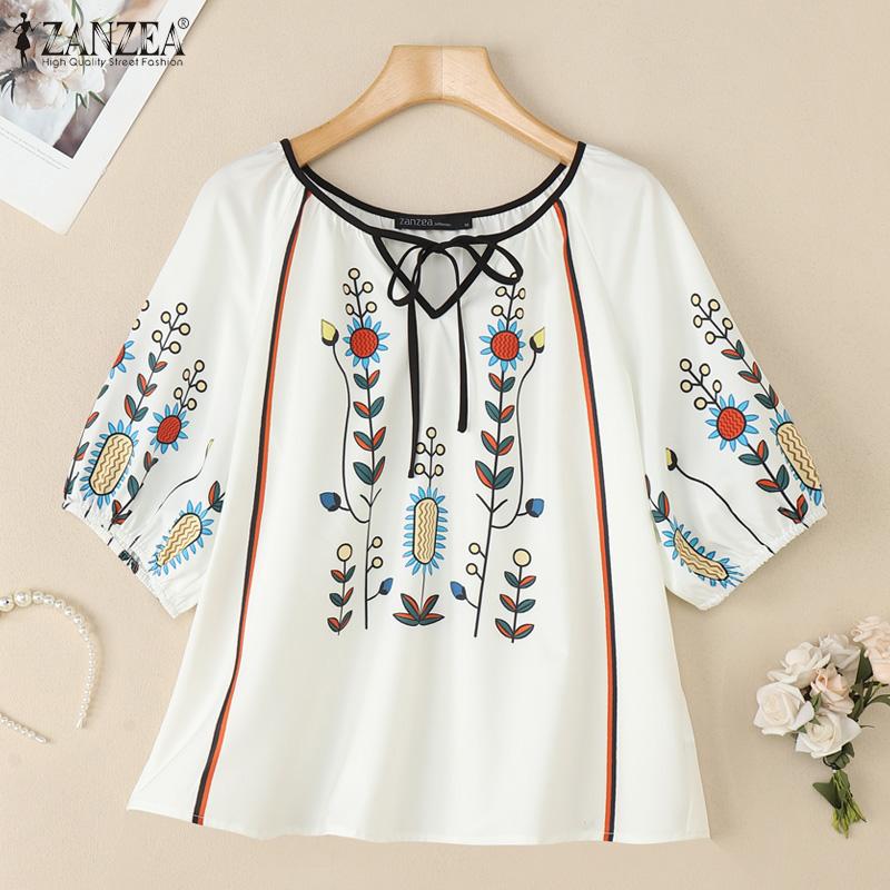 ZANZEA Blusa Feminina Casual de Gola Redonda Solta Manga 3/4 Estampada