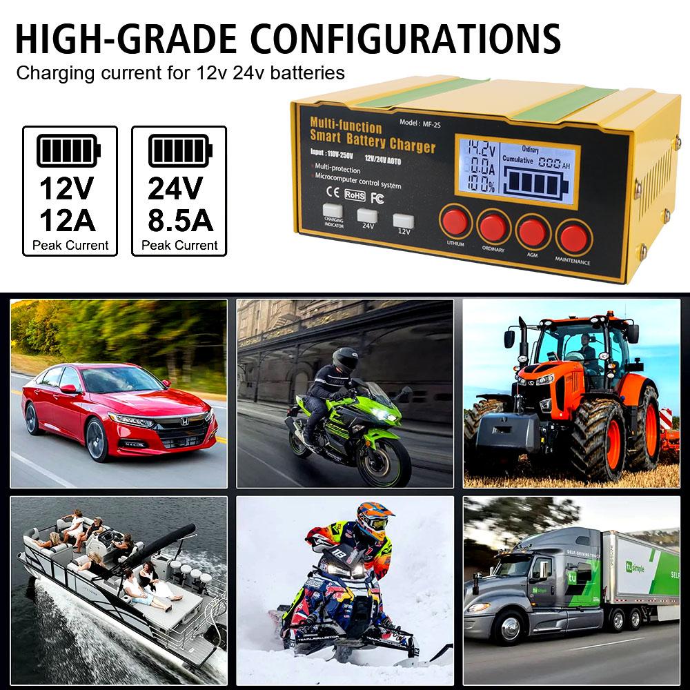 Pulse Repair Battery Charger AGM Car Battery Charger Truck Motorcycle Charger 220W LED Display 12V12A 24V8.5A 110V-250V Input