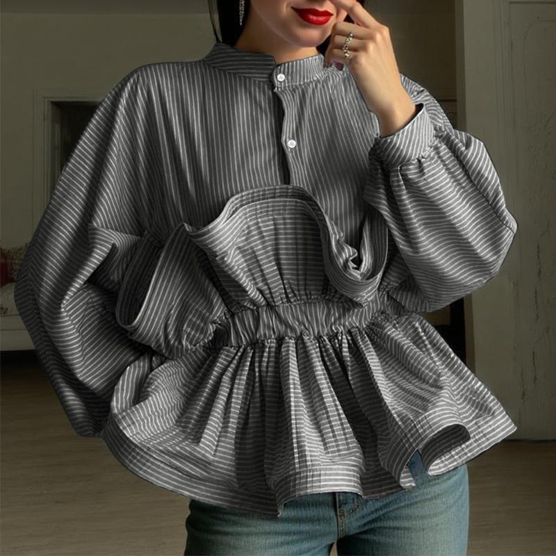 

ZANZEA Женская повседневная блузка с круглым вырезом, длинными рукавами, 3D-рюшами, лоскутным дизайном и свободной полоской 5XL чёрный