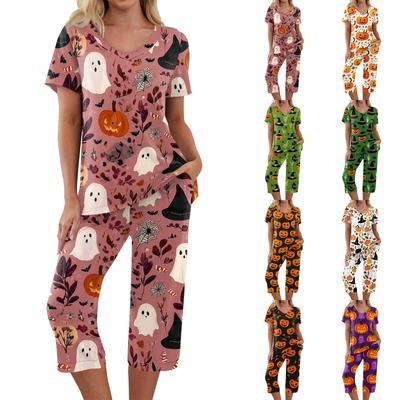 Women Two Piece Halloween Print Set Short Sleeve Top and Cropped Pants Casual Sportswear Outfit for Daily Wear Lounge Home