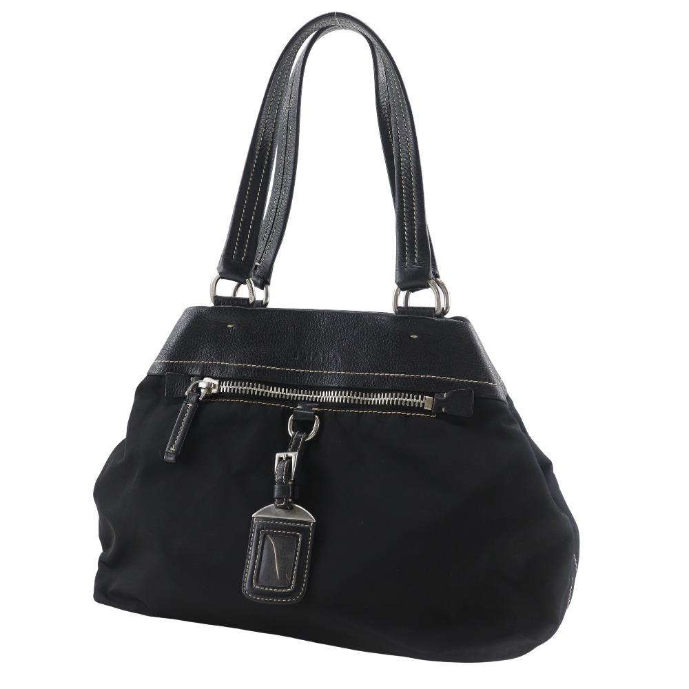 PRADA Logo embossing Tote Bag black Nylon/leather Women Used