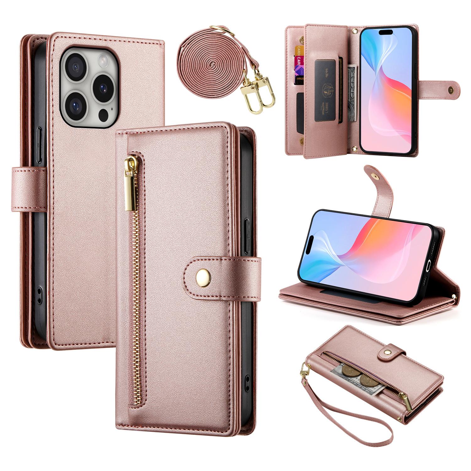 

DF-011 Чехол для iPhone 16 Pro Кожаный чехол для телефона с отделениями для карт, карманом на молнии Pink