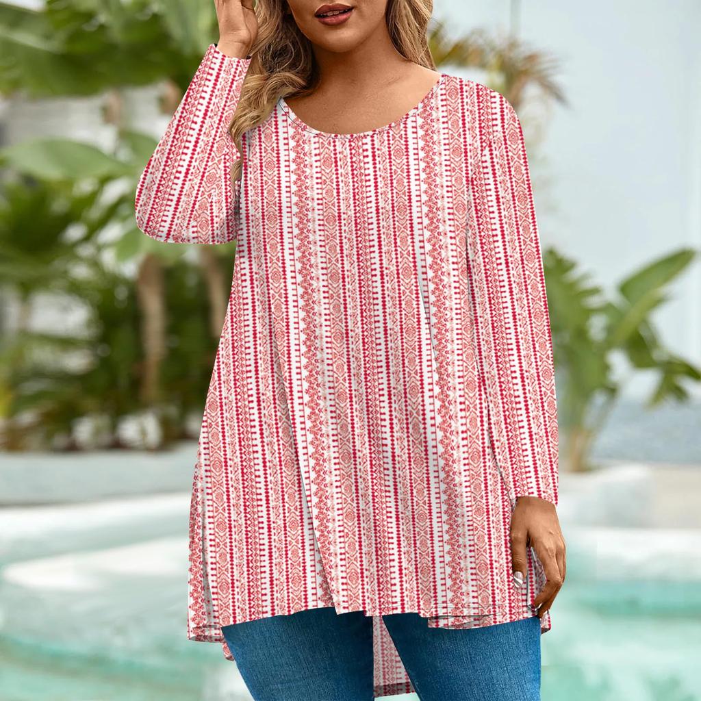 Women's Fashion Large Size Round Neck Long Sleeve Casual Print Loose Pullover Top