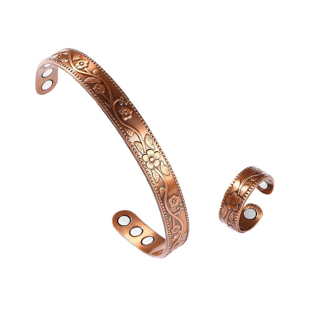 Retro Style Flower Magnet Bracelet & Ring Set In Red Copper for Couples