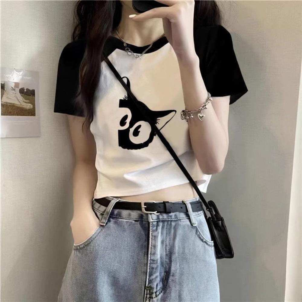 Pure Cotton Short T-shirt Design Summer Hot Girl Short Sleeve Black Loose Top