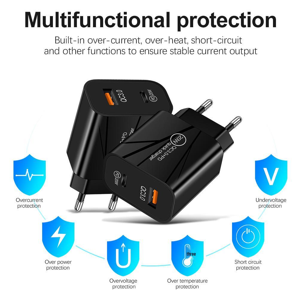 PD20W+QC3.0 Dual Fast Charger for Mobile Devices - US/EU/UK Standard.
