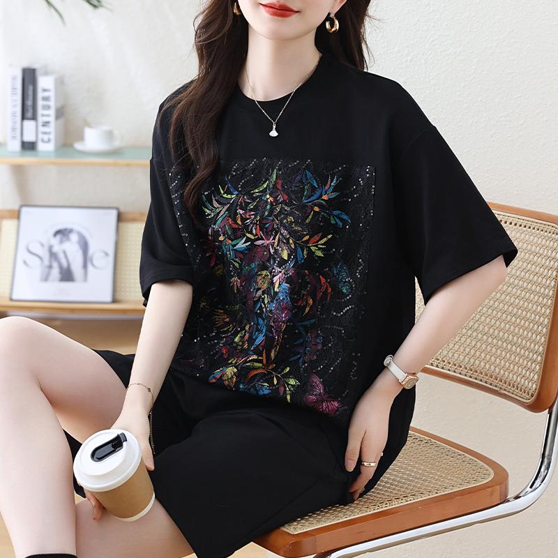 Dimanaf 2025 Summer Plus Size Tops Cotton O-Neck T-Shirt Printing Women Short Sleeve Loose Tees