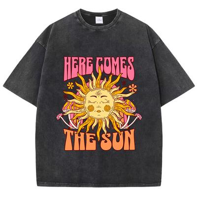 Dámské oversized prané bavlněné tričko s potiskem Here Comes The Sun Ležérní topy s kulatým výstřihem a krátkým rukávem Volné dámské oblečení