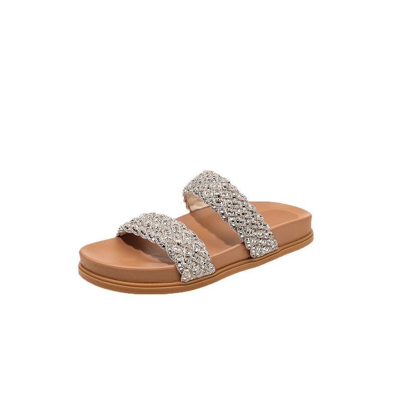 French Thick-soled One-word Slippers for Women's Summer Wear, New Korean Version of Vacation Wind and Rhinestone Comfortable Lazy Cool Slippers