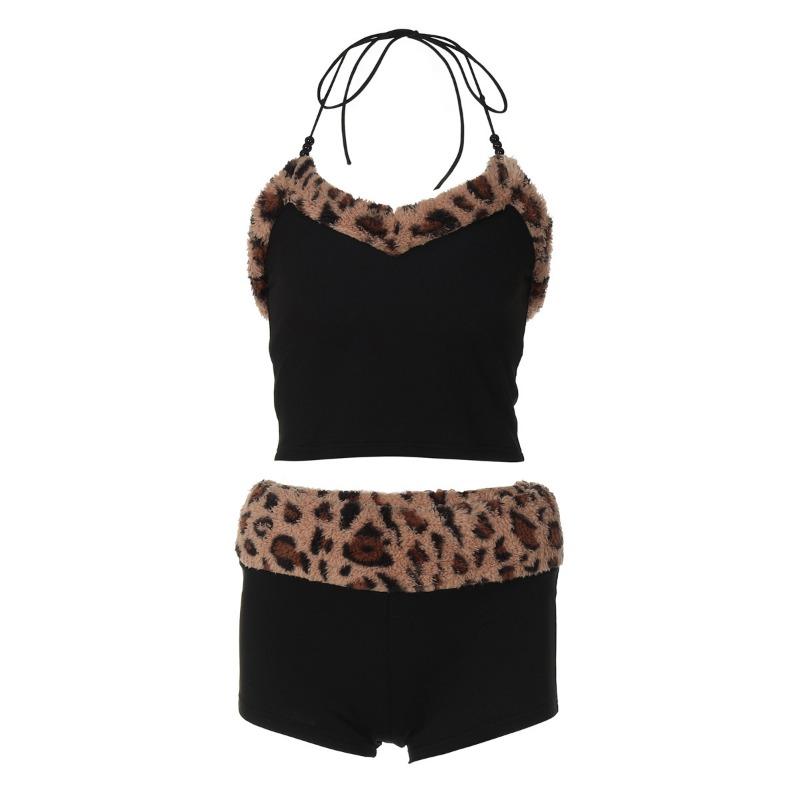 Women Leopard Print Patchwork Lace Up Vest And Slim Shorts Casual Two Piece Set
