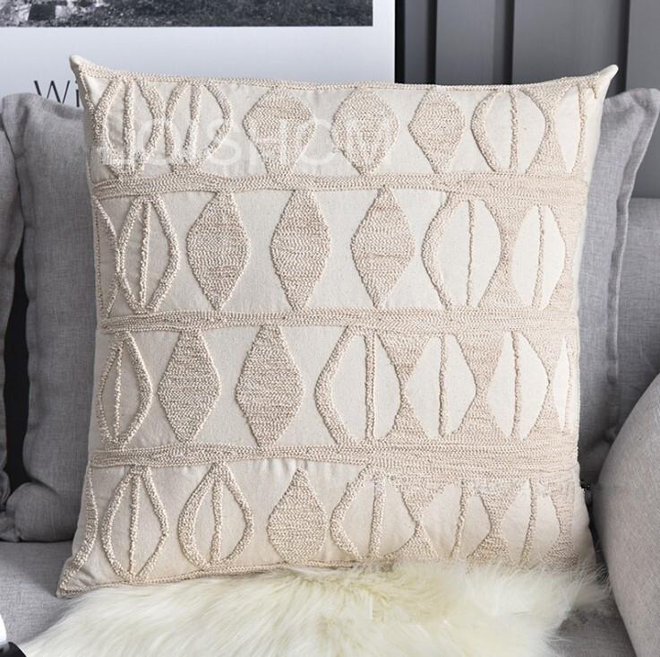 Funda de Cojín Bordada con Hilo de Cuerda Euro Beige Decoración del Hogar Lino Algodón Estilo Boho Funda de Cojín Étnica 50x50cm Cojín