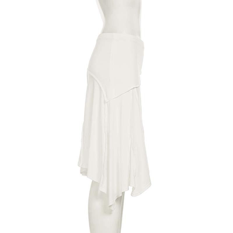 Elegant French White Irregular Half Skirt with Flowing Drape, Side Tie, and Low Waist Design
