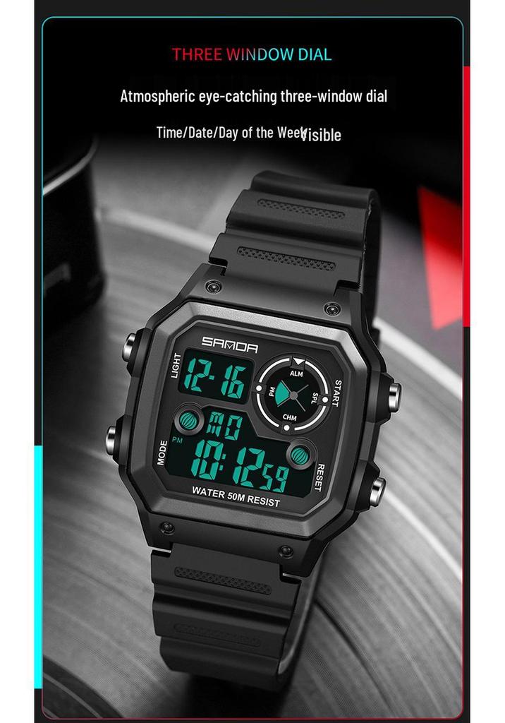 Sanda Unisex Fashionable Square Luminous Multifunctional Waterproof Electronic Watch