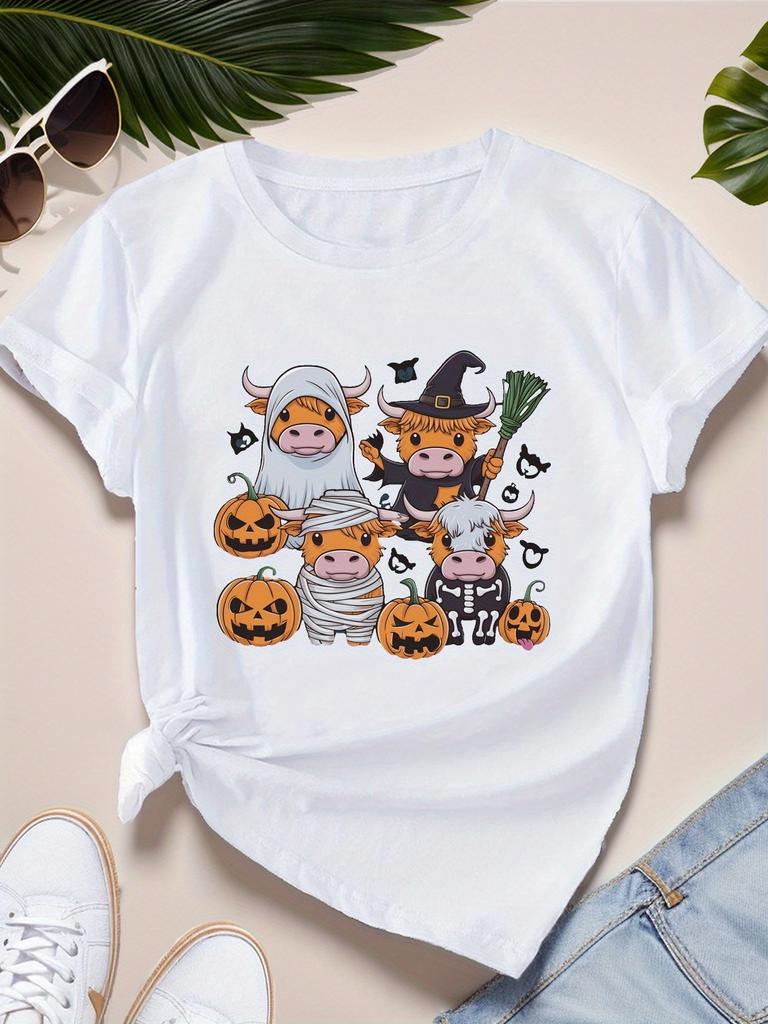 Pumpkins Halloween Cows Illustration Womens Sports Short Sleeve TShirt Harajuku Short Sleeve Casual  Aesthetic Clothes