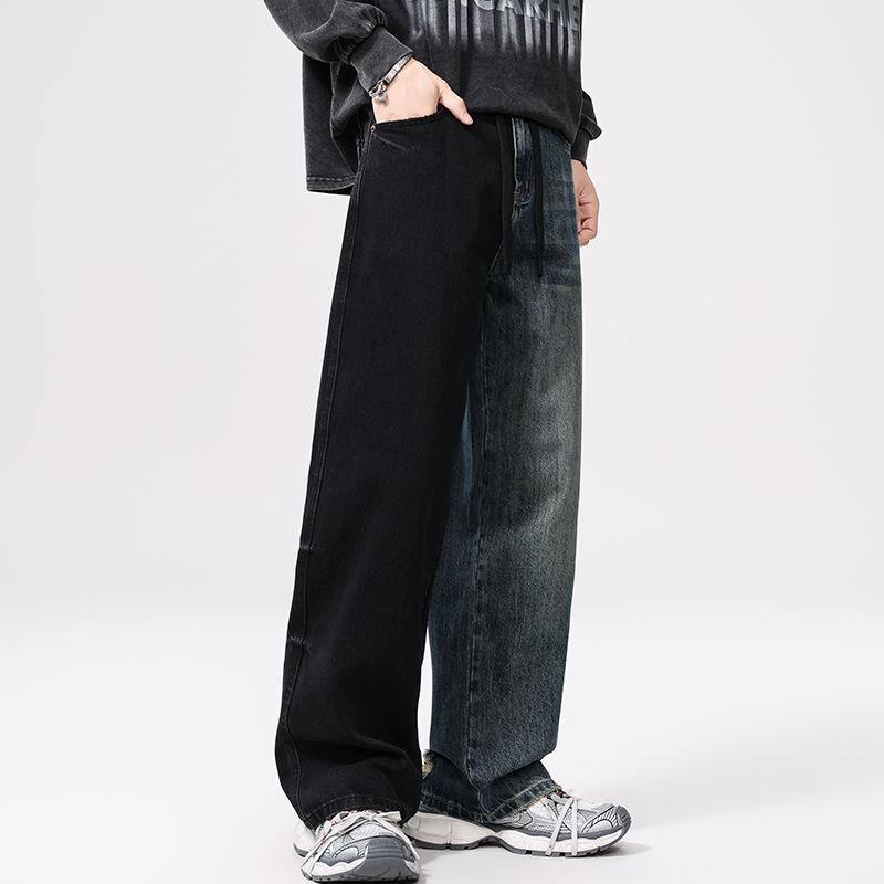 American High Street Blue and Black Contrast Retro Jeans Men and Women Same Style Loose Wide-leg Pants