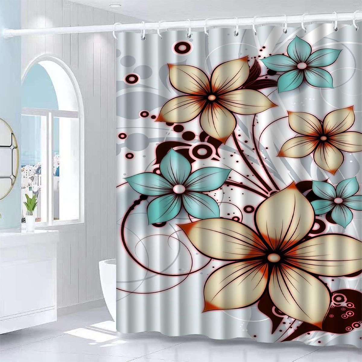

White Floral Shower Curtain - Anti-Fog, Artistic Teal & Brown Blooms, Machine Washable Polyester, Elegant Bath Decor W90xH180cm