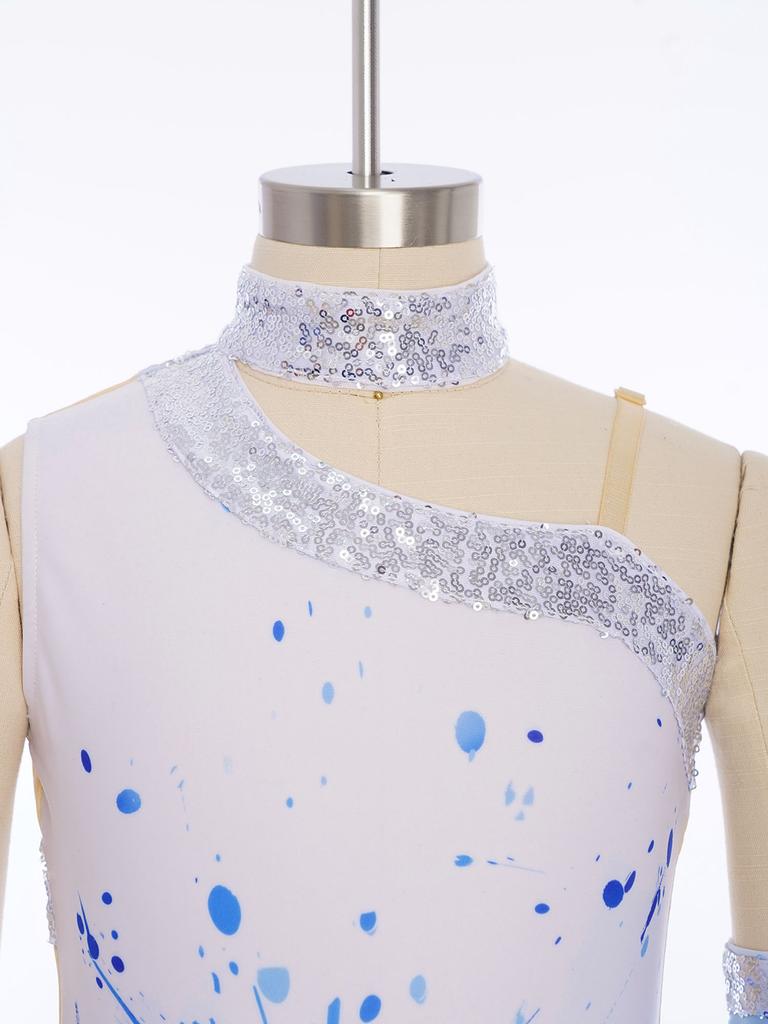 Girls Shiny Sequins Printed Gymnastics Jumpsuit: Sleeveless Asymmetrical Bodysuit Full Length Leotard 1Pc Glove for Figure Skating Dance Performance