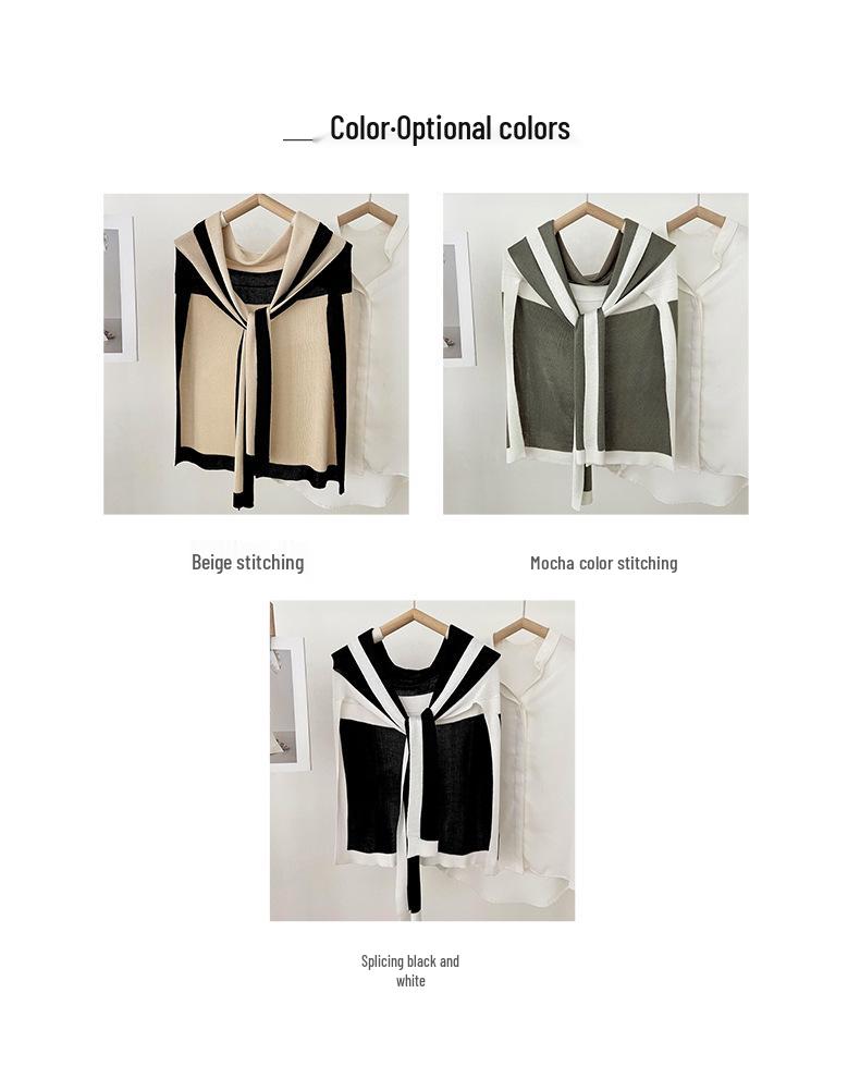Navy Style Knitted Shawl for Women: Spring/Summer Sun Protection, Air-Conditioned Room Wear, Color Block Design, Fake Collar.