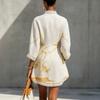 Women's Printed V-Neck Lace Trim Three-Quarter Sleeve Cotton Linen Loose Fit Short Dress with Belt for Summer Vacation