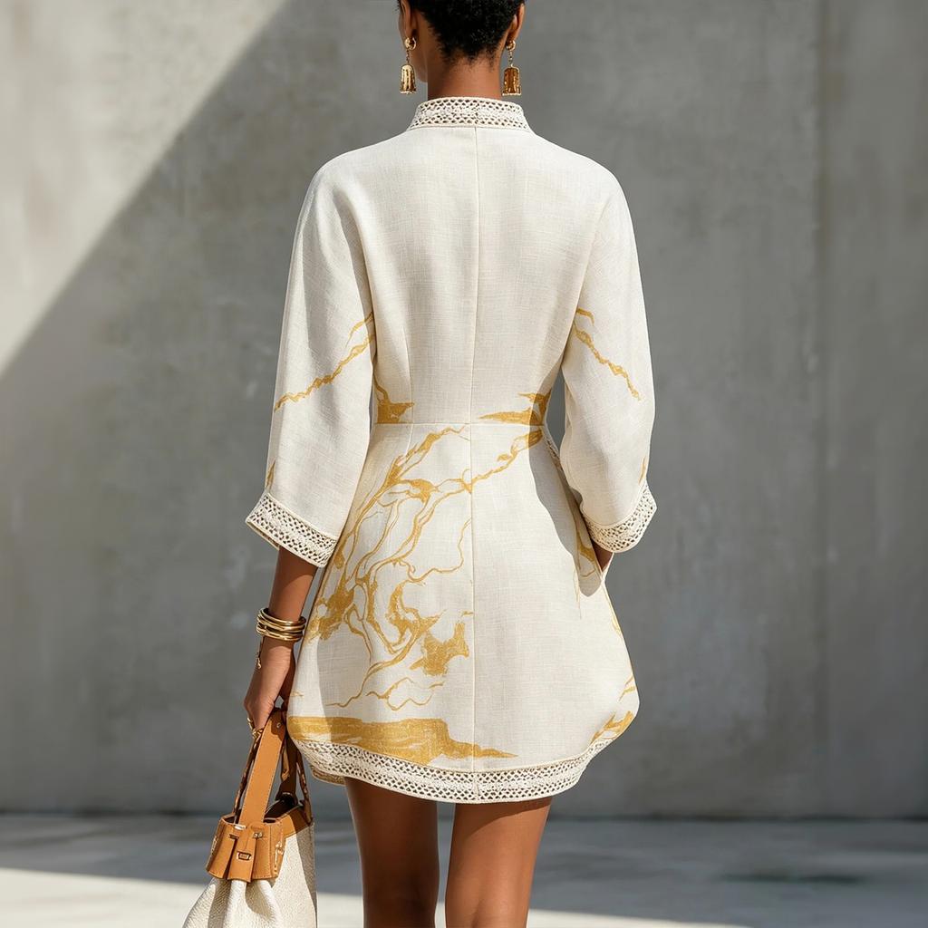 Women's Printed V-Neck Lace Trim Three-Quarter Sleeve Cotton Linen Loose Fit Short Dress with Belt for Summer Vacation