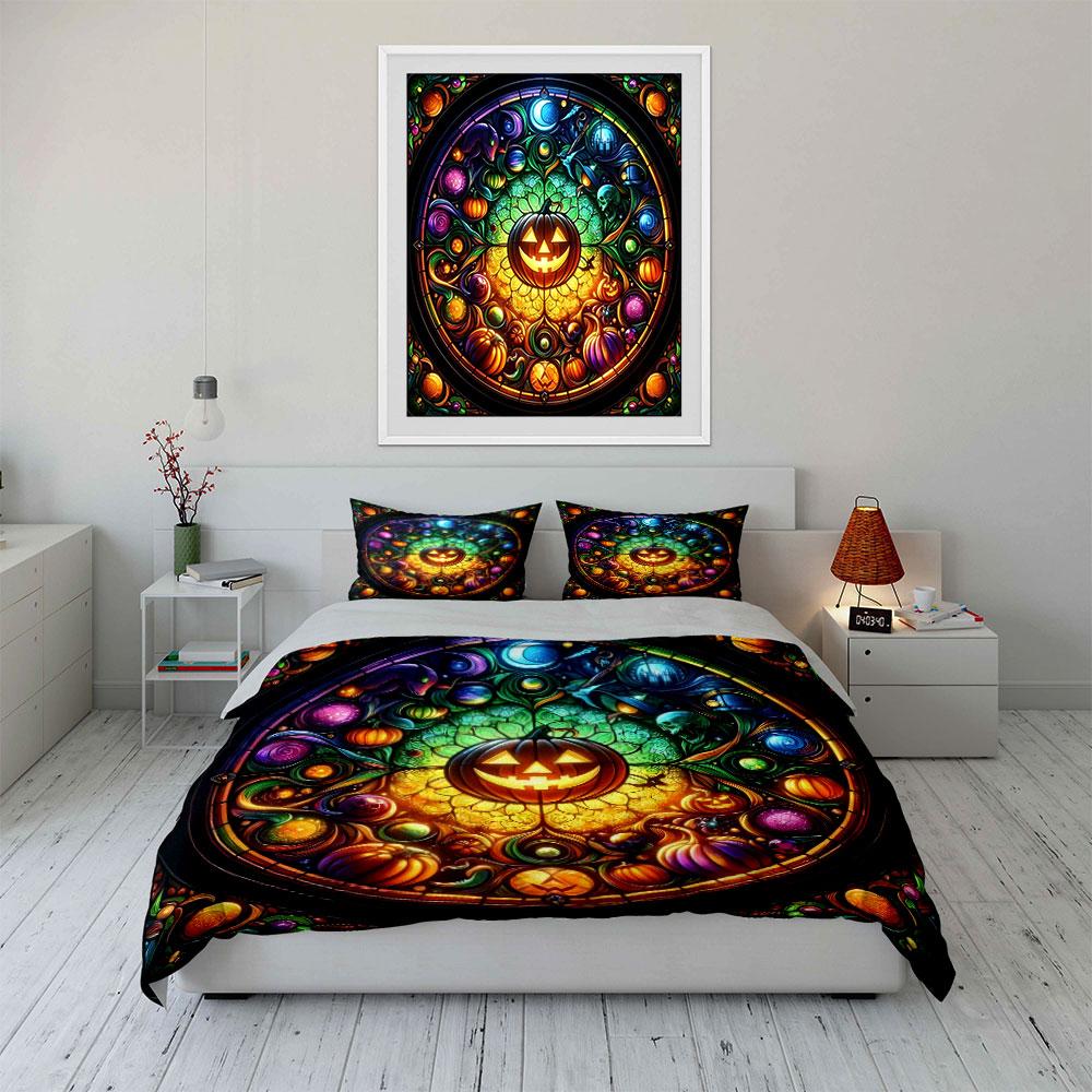 Halloween Decoration Set Pumpkin Artwork Bedding Set With 1 Duvet Cover 2 Pillowcases Single Double King Queen, Gift