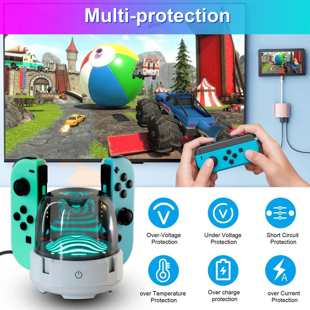 LED-Ladestation in 7 Farben, kompatibel mit Nintendo Switch/Switch OLED Joy-Con, tragbares Switch-Controller-Ladegerät mit LED-Licht und Ladekabel