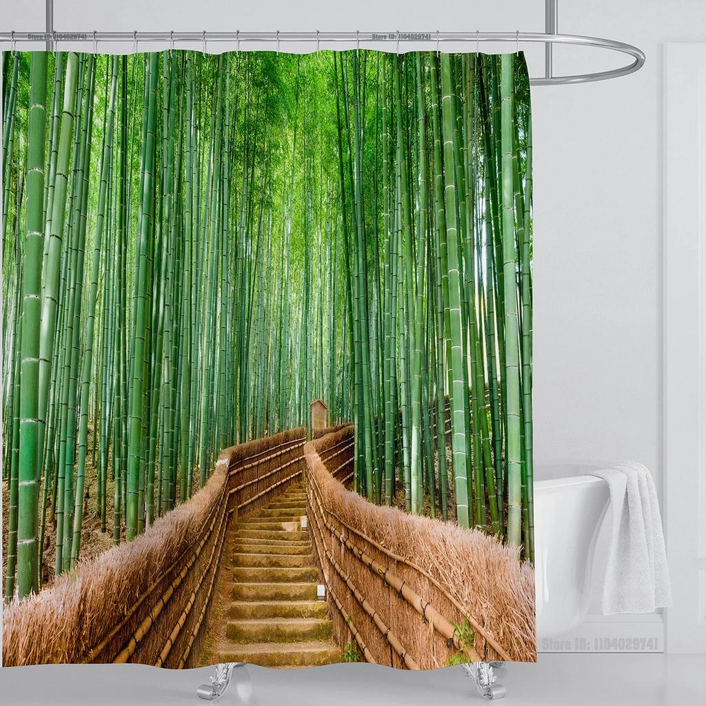 Modern 3D Printing Forest Refreshing Scenery Shower Curtain Waterproof Landscape Green Plant Mountain With Hooks Bathroom Decor