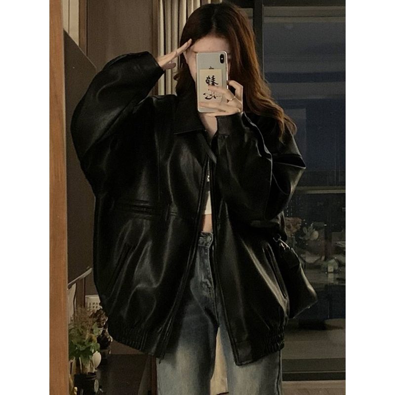 Kumikumi American Vintage Black PU Leather Long Sleeve Outerwear Women Clothes Autumn Elegant All-Match Loose Slimming Top