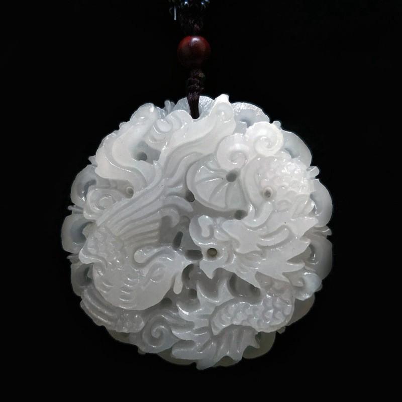Afghanistan White Jade Dragon & Phoenix Pendant - Auspicious Five Blessings Necklace Gift 228