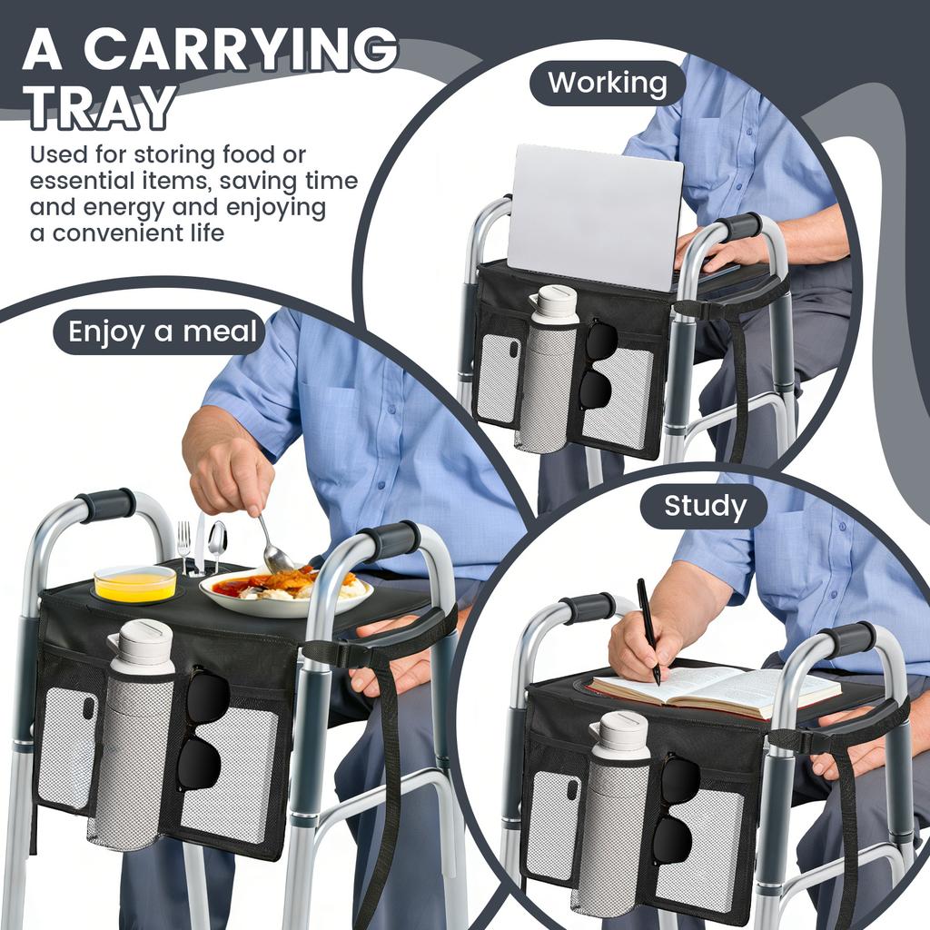 Folding Walker Tray Multi Pocket Rollator Storage Bag with Cup Holder and Nonslip Mat Practical Walker Accessories for Elderly