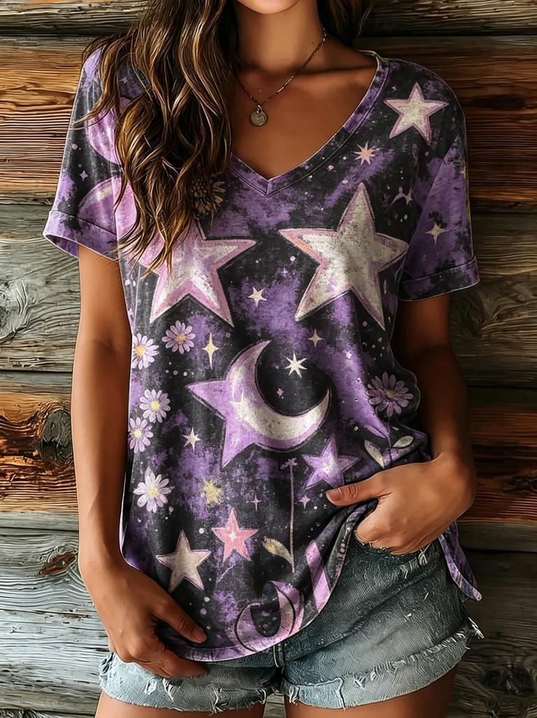 Women's V-Neck Beige Sunflower Rainbow & Hearts Print Short Sleeve T-Shirt, Casual Tops for Spring & Summer